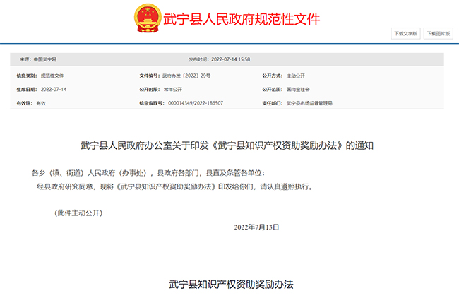 2022年江西省江门市武宁县的知识产权政策通知